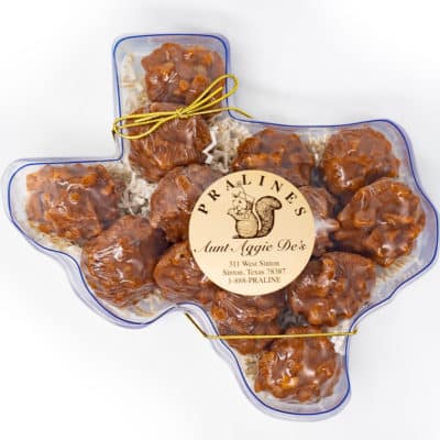 Texas shaped gift package of Aunt Aggie De's pecan pralines