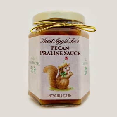 Jar of Aunt Aggie De's pecan praline sauce